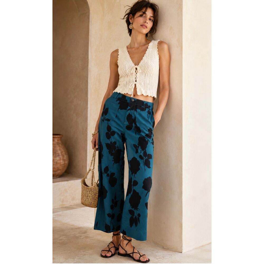 Maeve Anthropologie Colette Cropped Wide Leg Pants Floral Print Women's 23 Teal